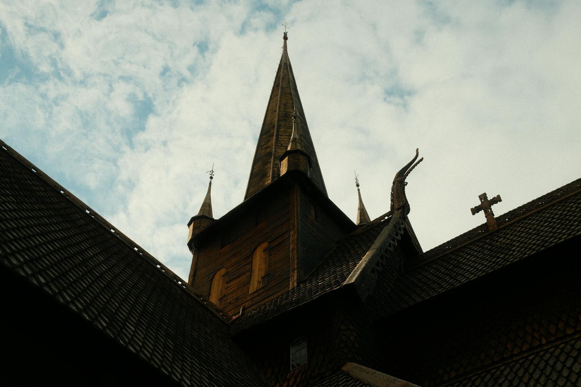 Nordic wooden church detail against blue sky