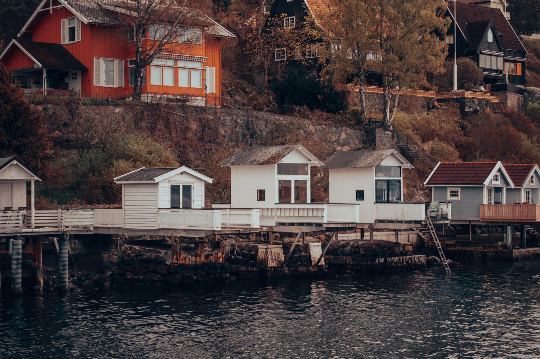 Norwegian waterfront houses along the Oslo coast in fall