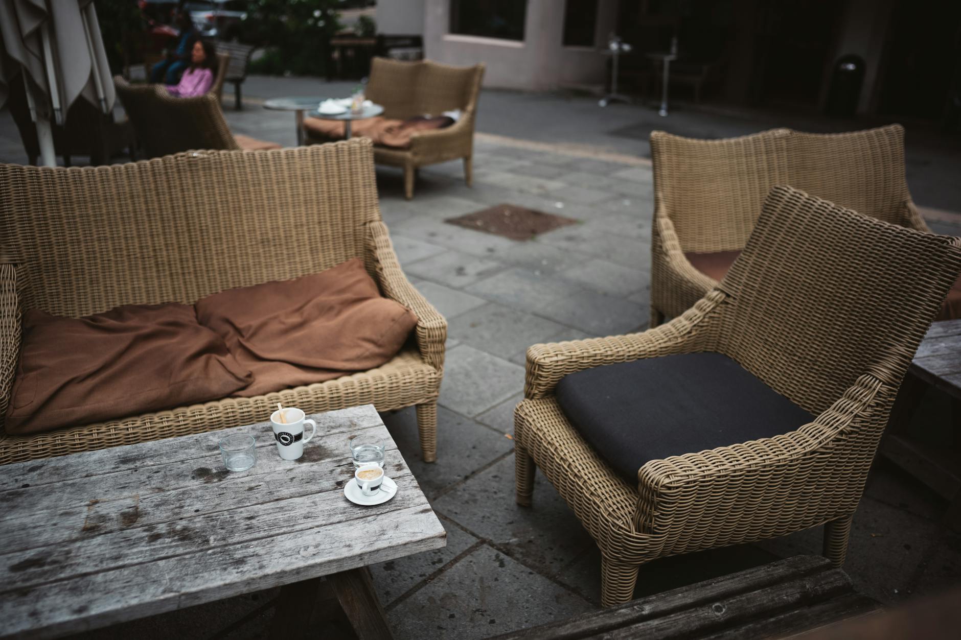 Coffee cups on an outdoor cafe table in Oslo