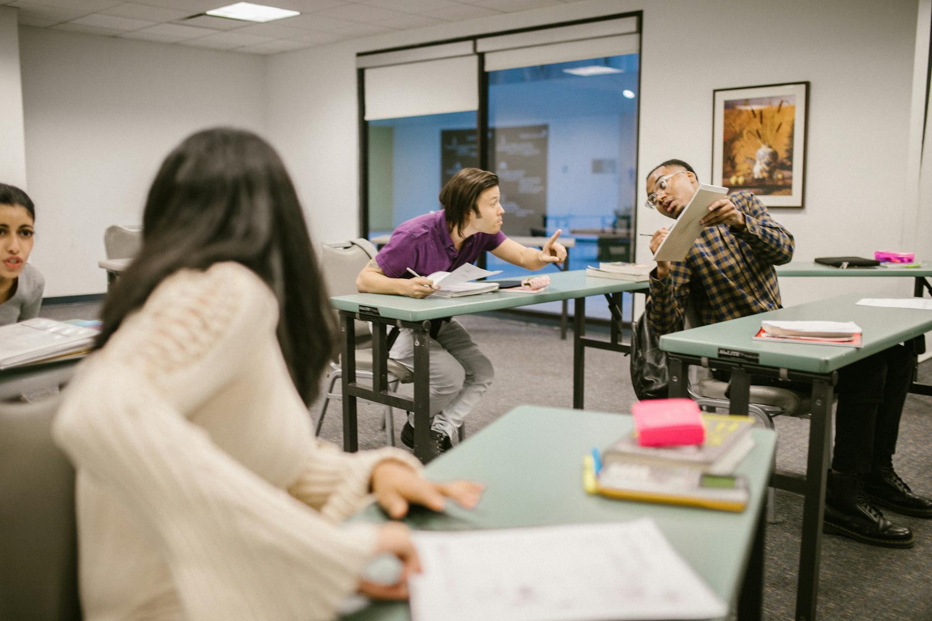 College students talking during class