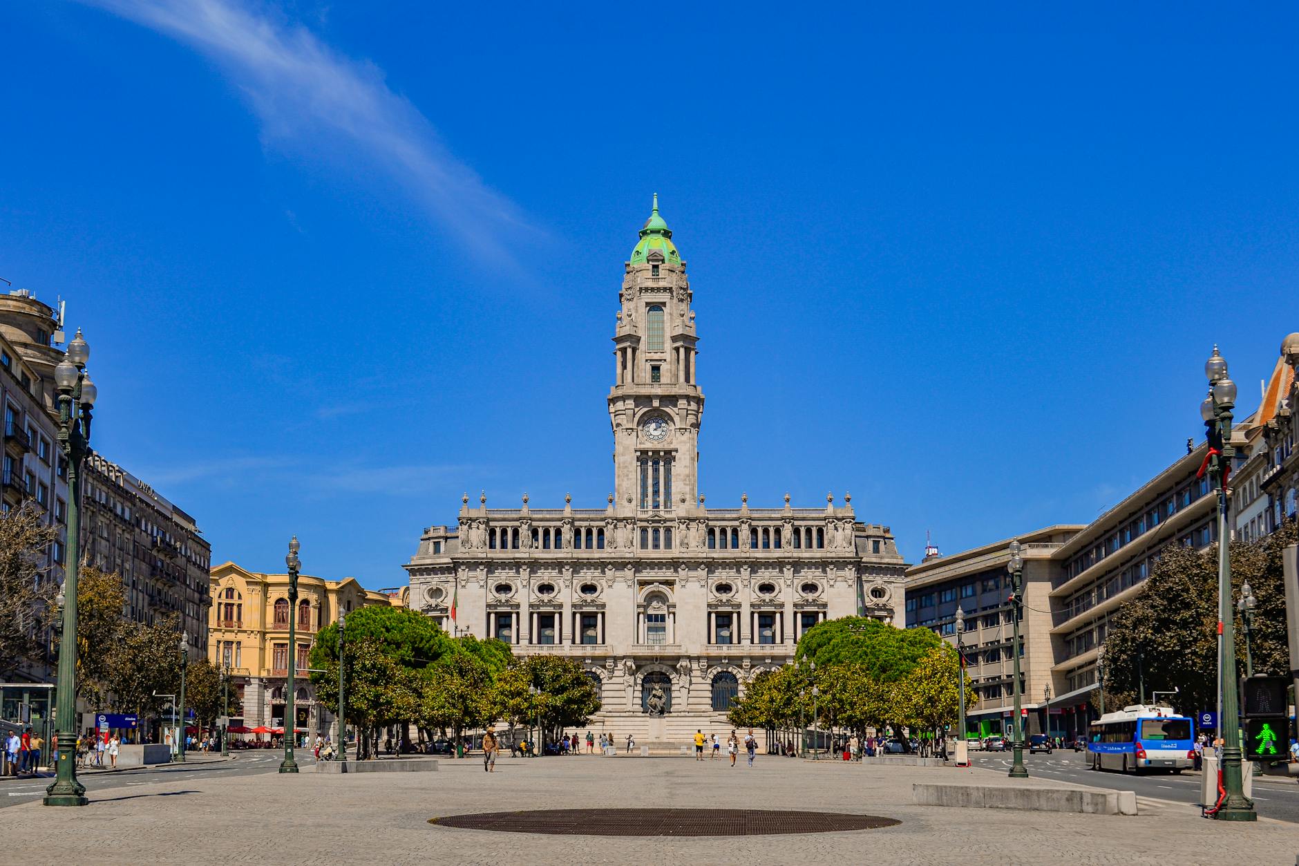 Porto Town Hall and central square under a clear blue sky
