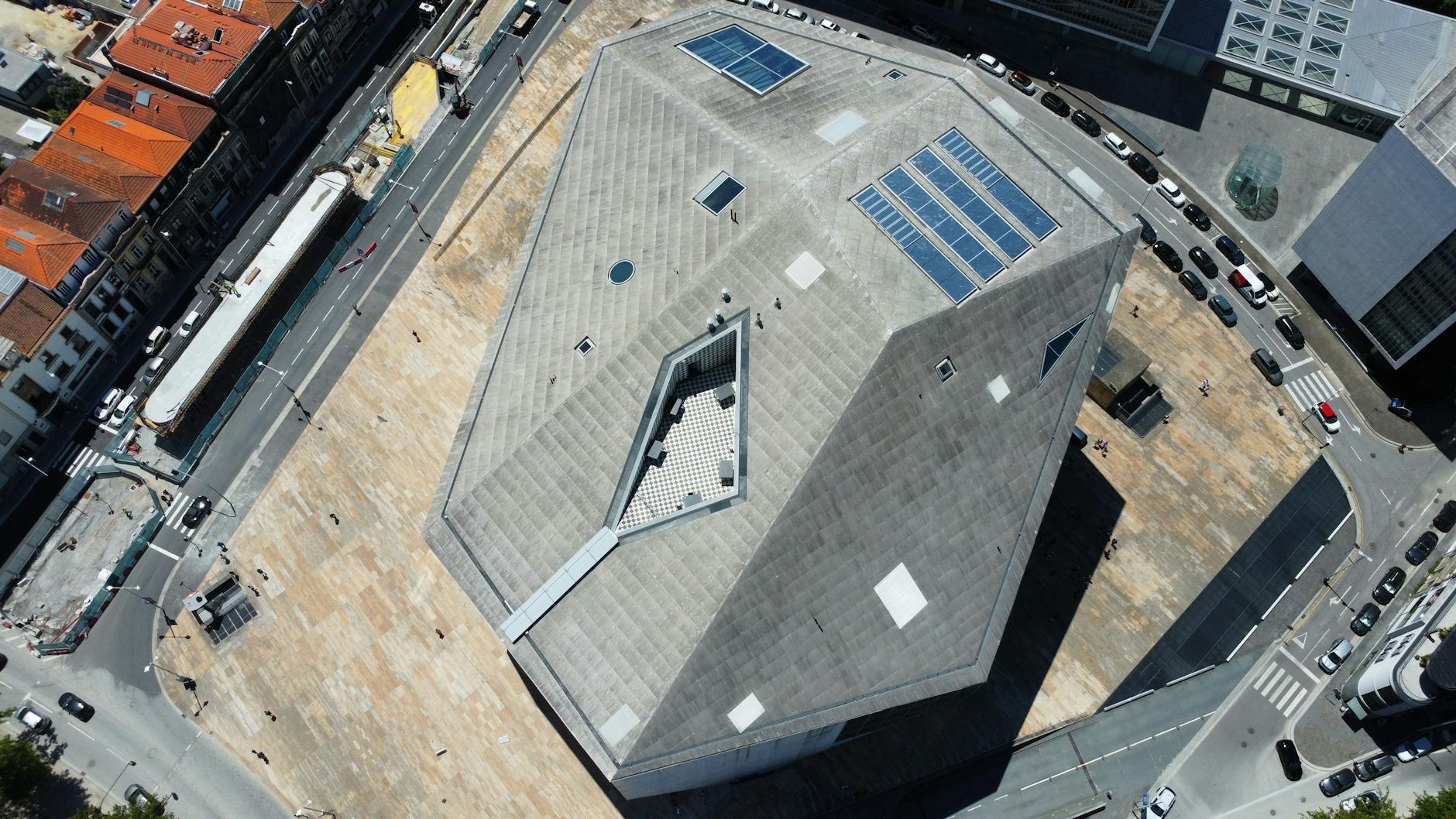 Aerial view of Casa da Musica in Porto under clear daylight