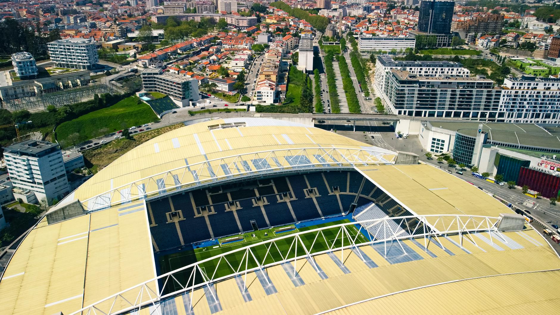 Aerial view of Estadio do Dragao and surrounding Porto neighborhoods