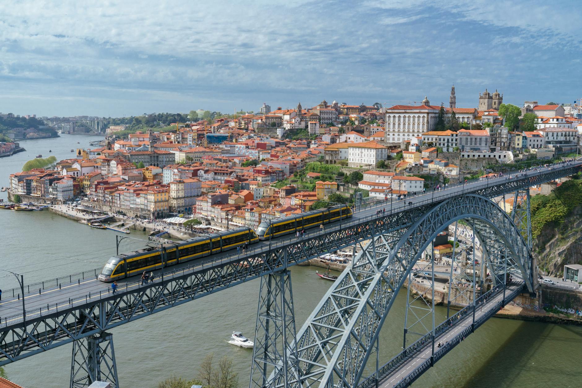 Aerial view of the Dom Luis I Bridge spanning the Douro River in Porto