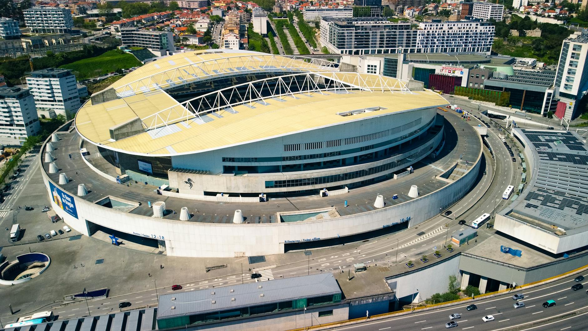 Aerial view of Estadio do Dragao and surrounding Porto neighborhoods
