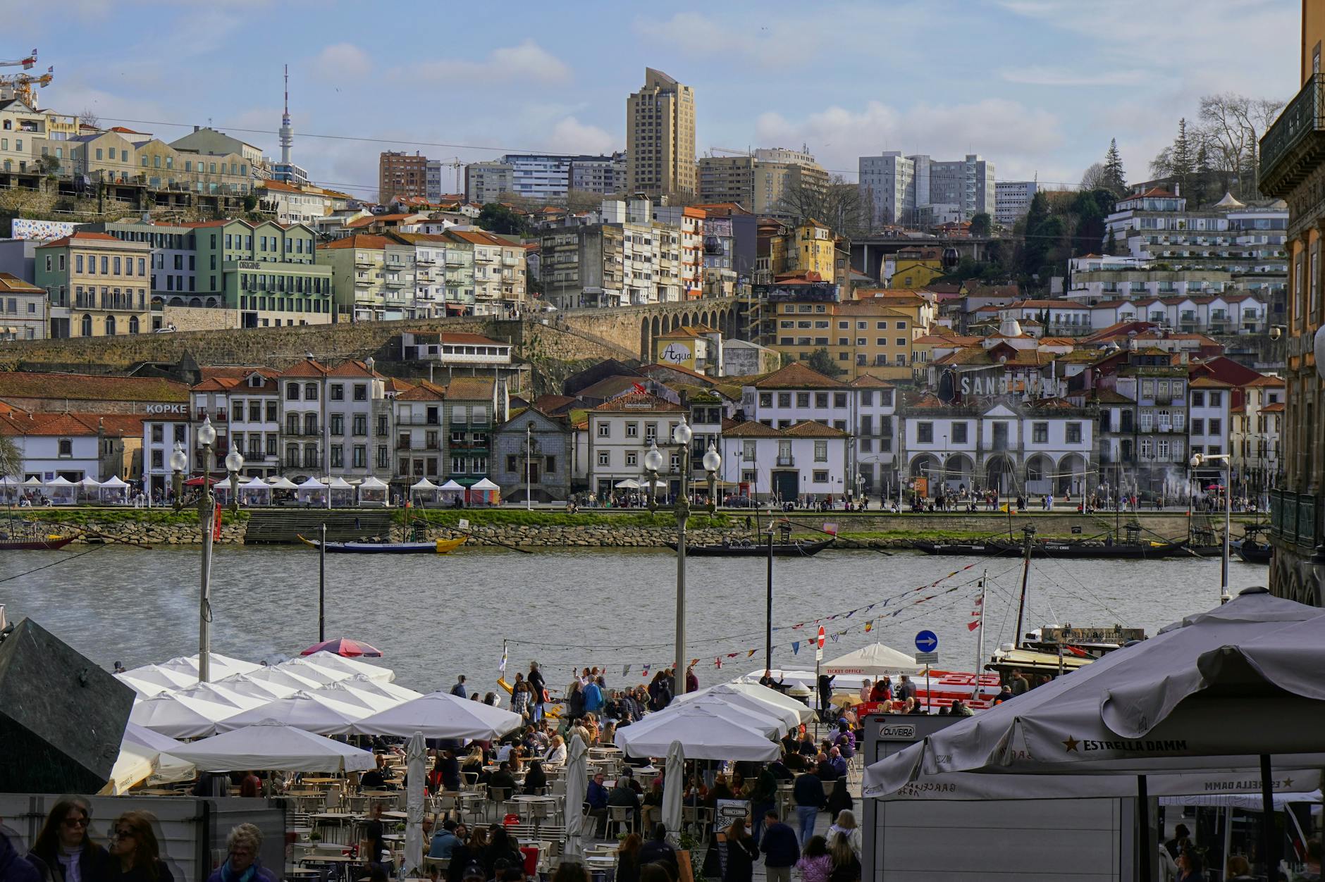 Riverside cafes and historic buildings along the Douro River in Porto