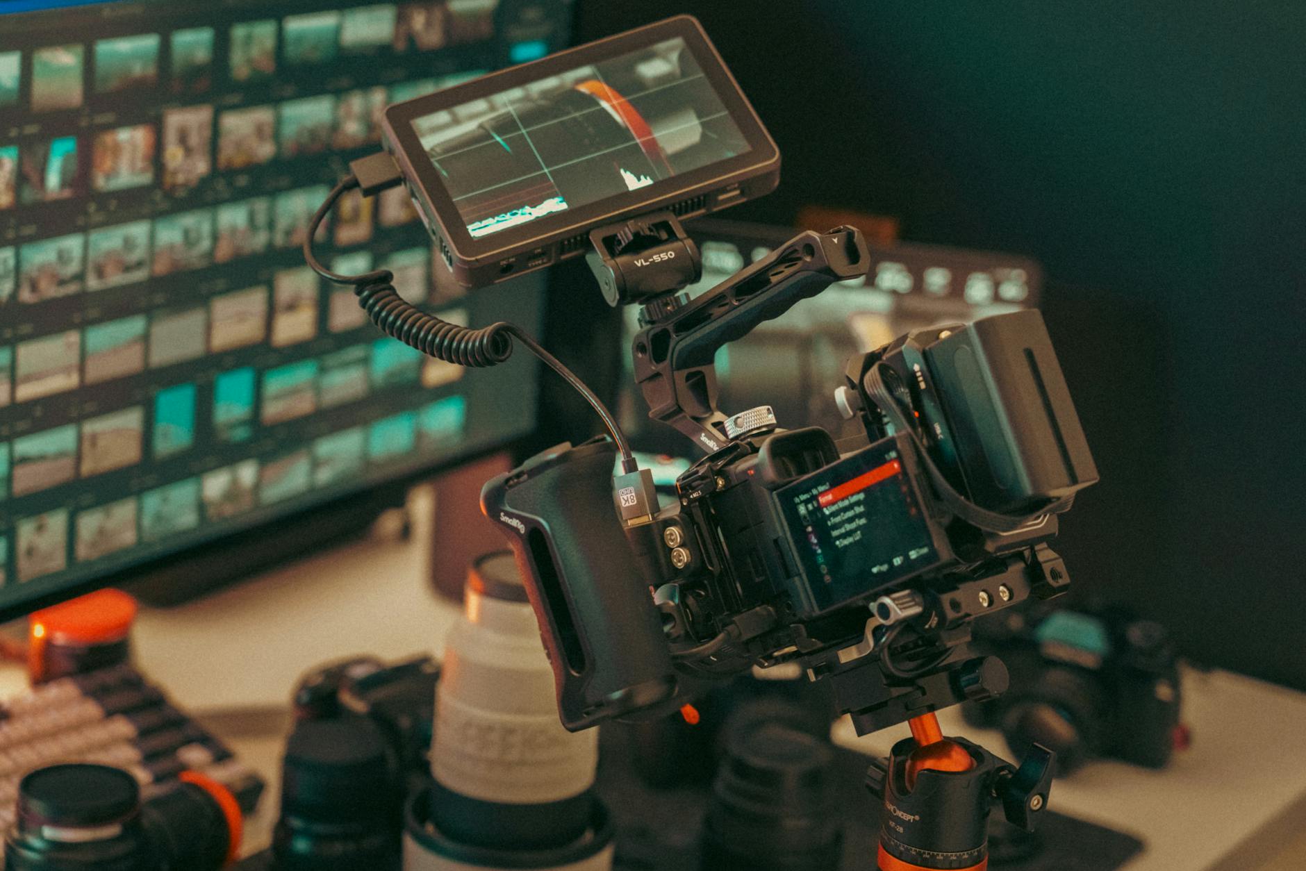 Professional video camera and monitor setup