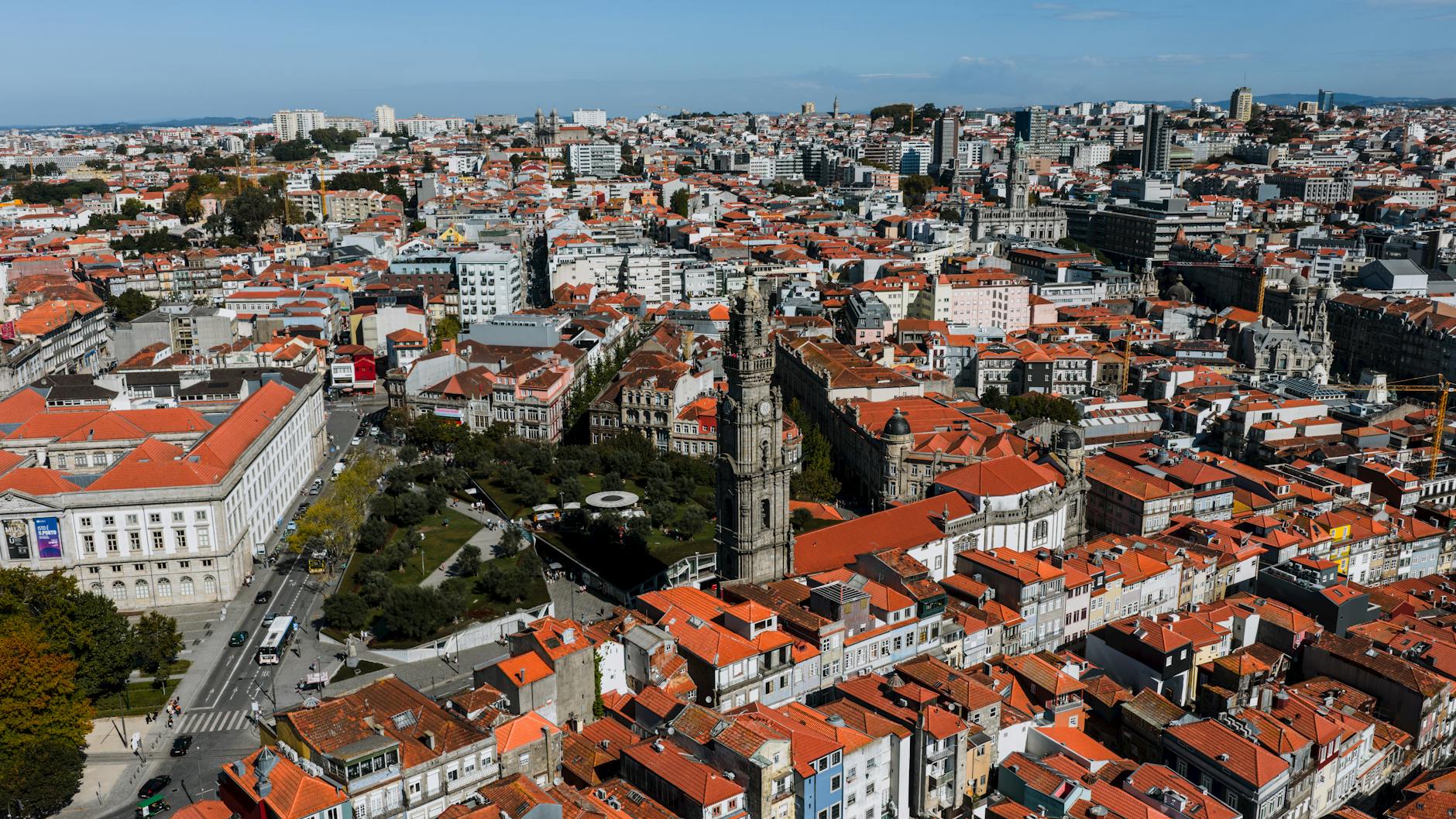 Aerial view of Porto landmarks and red rooftops