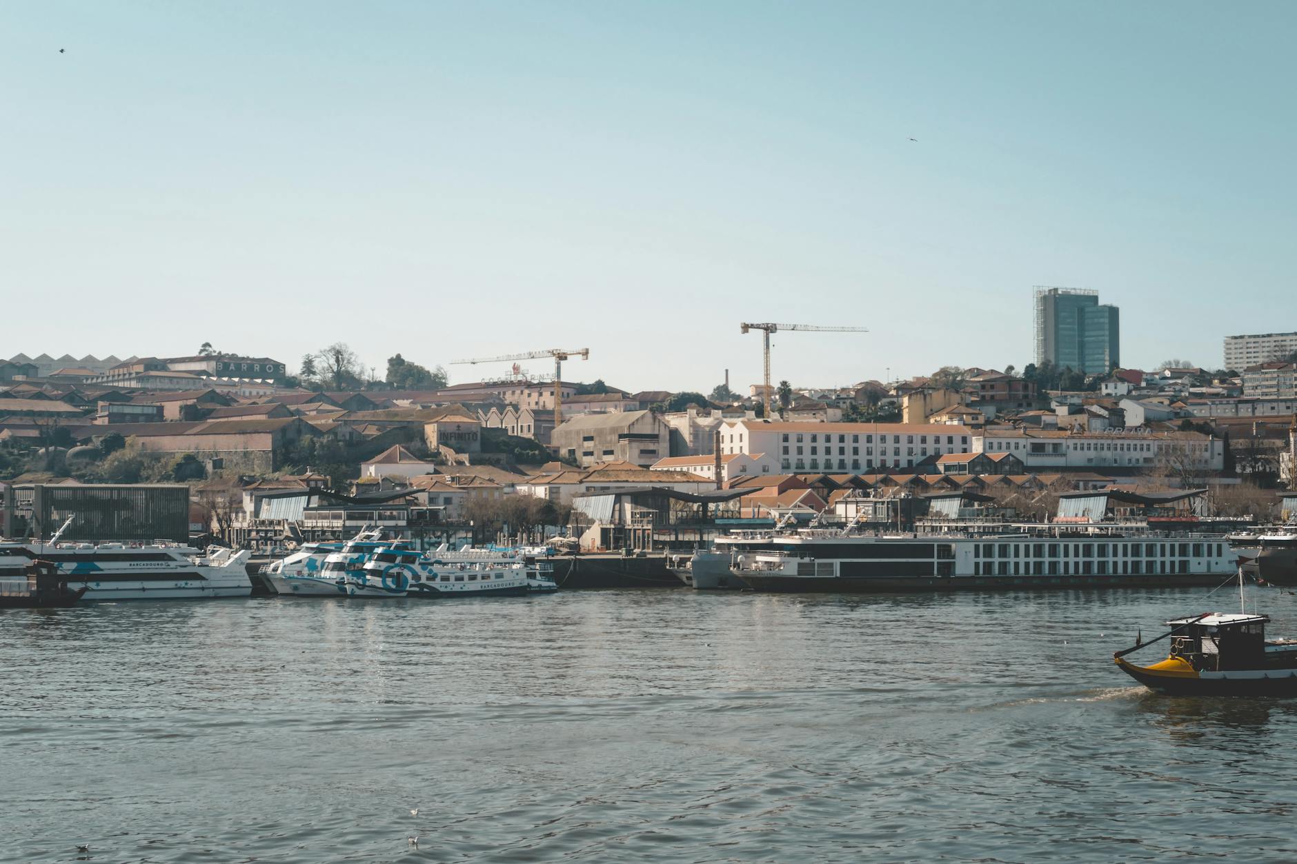 Riverside scene in Porto with boats and low-rise buildings