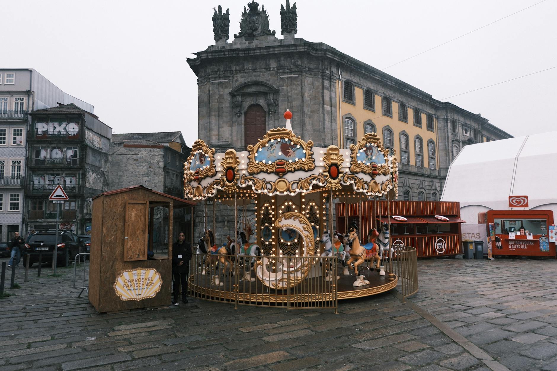 Vintage carousel in a historic Porto square