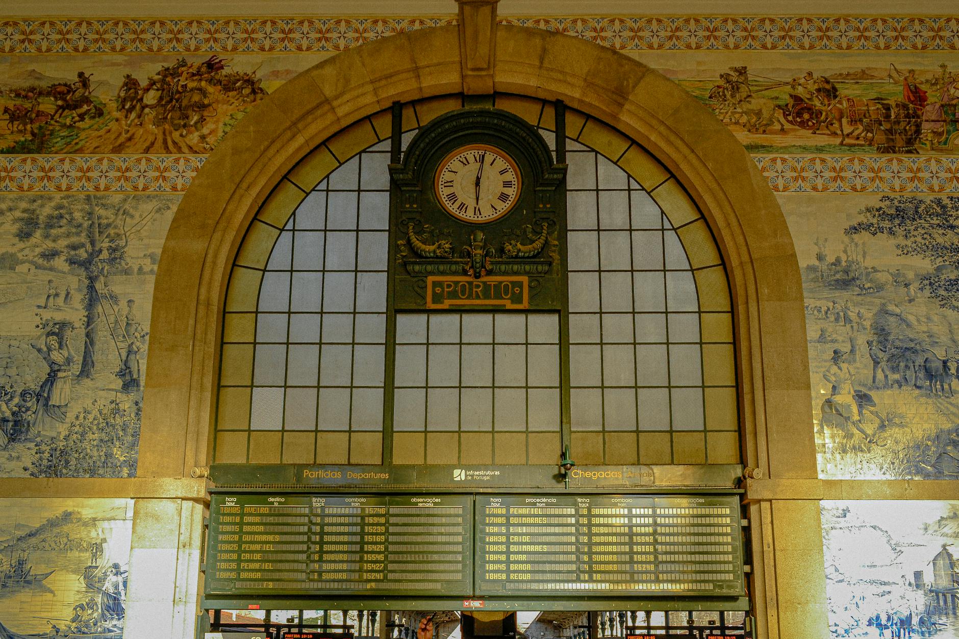 Sao Bento Station clock and blue azulejo tiles in Porto