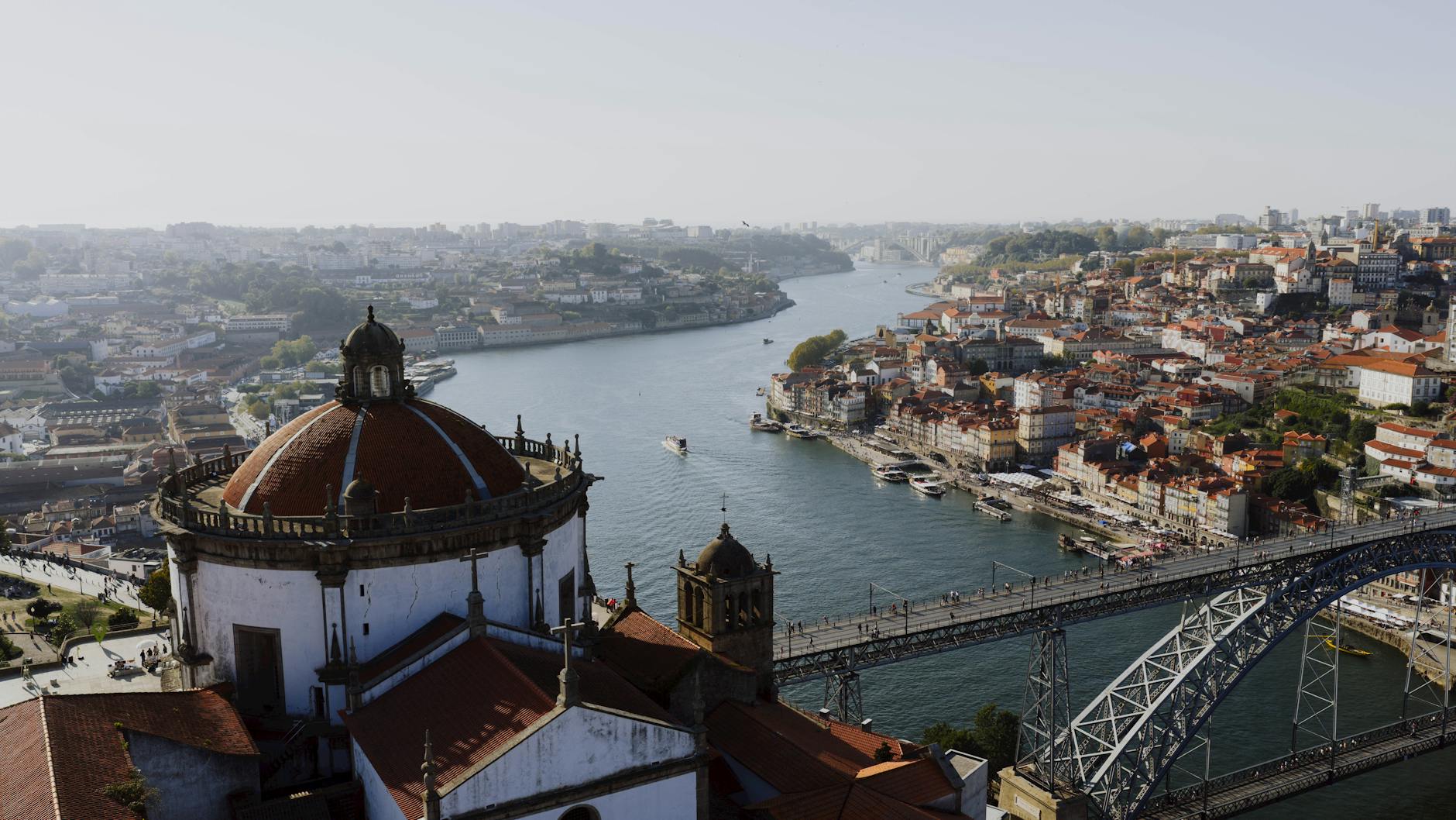 Aerial view of Porto with the Douro River and Dom Luis I Bridge