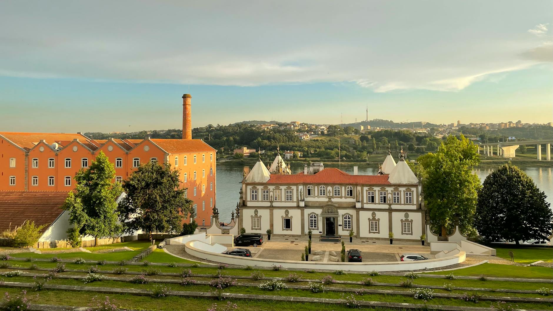 Elegant riverside hotel in Porto during summer
