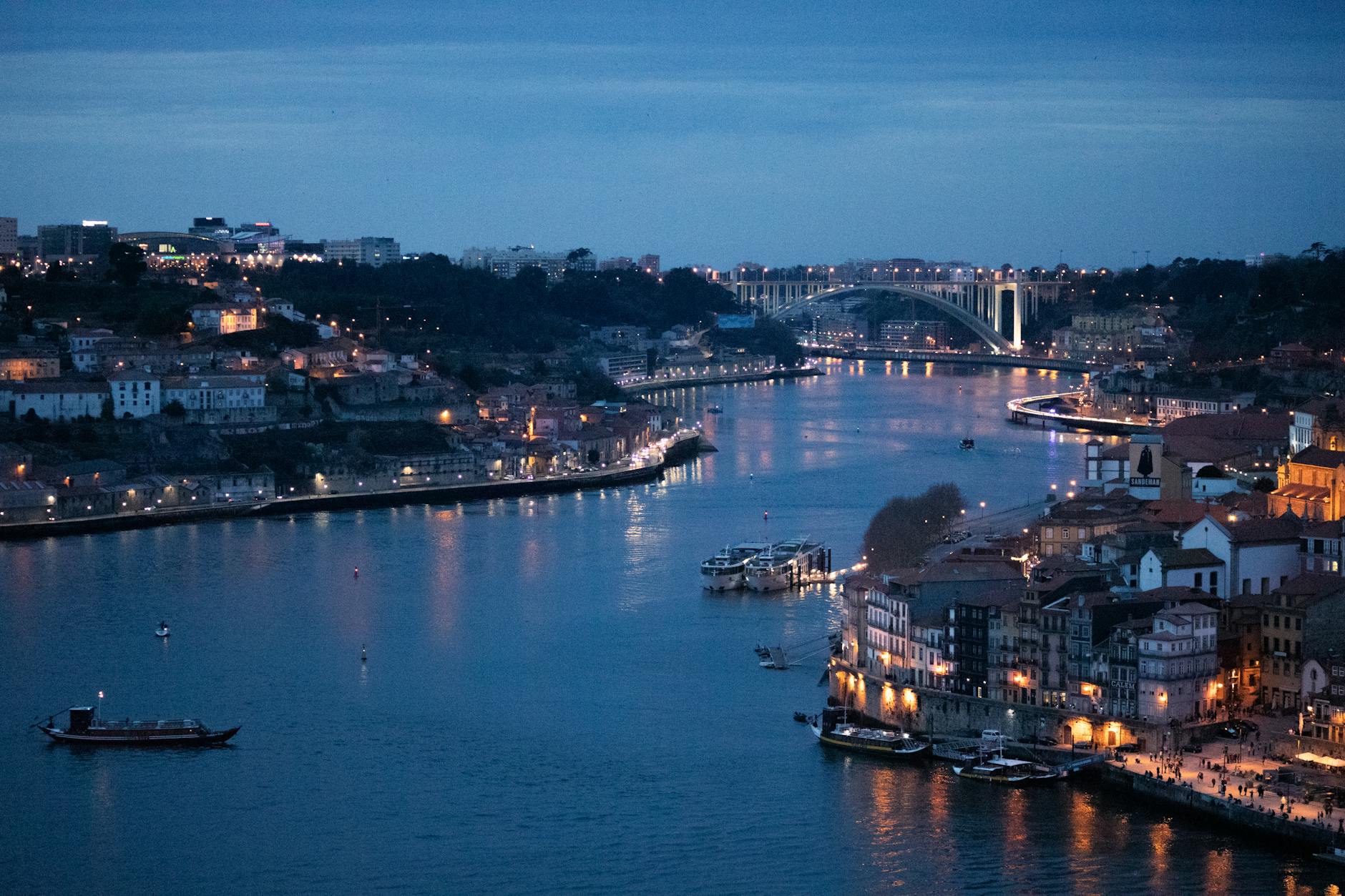 Evening view of the Douro River with illuminated bridges and city lights