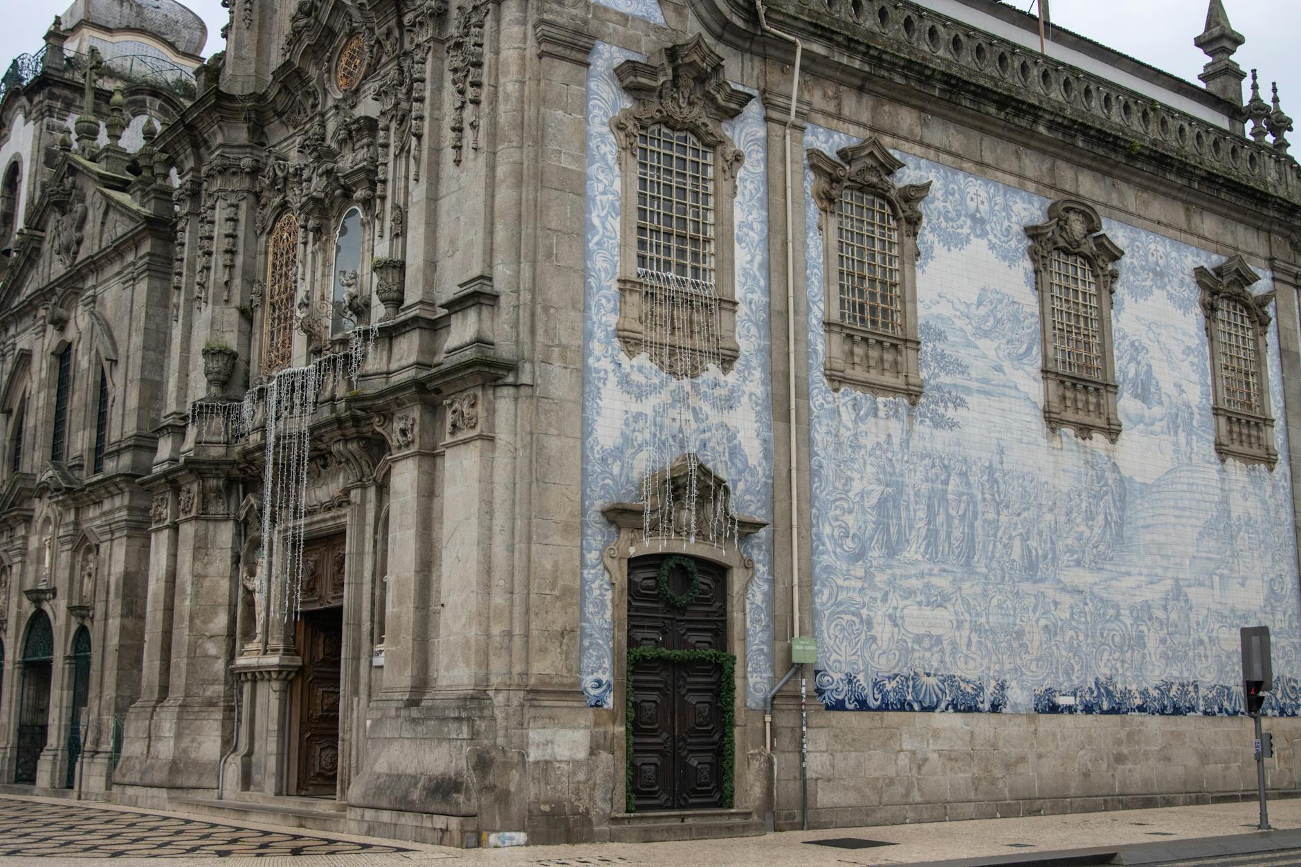 Porto church facade with blue azulejo tiles