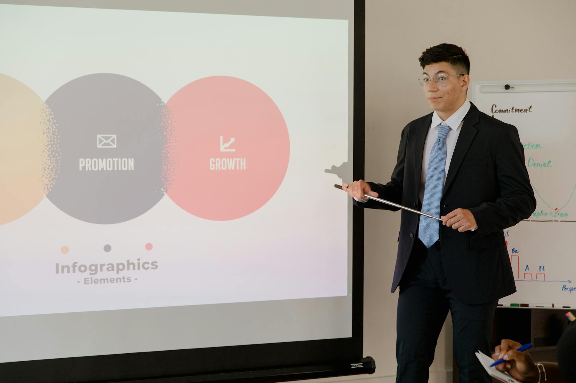 Businessman presenting growth infographics during a meeting