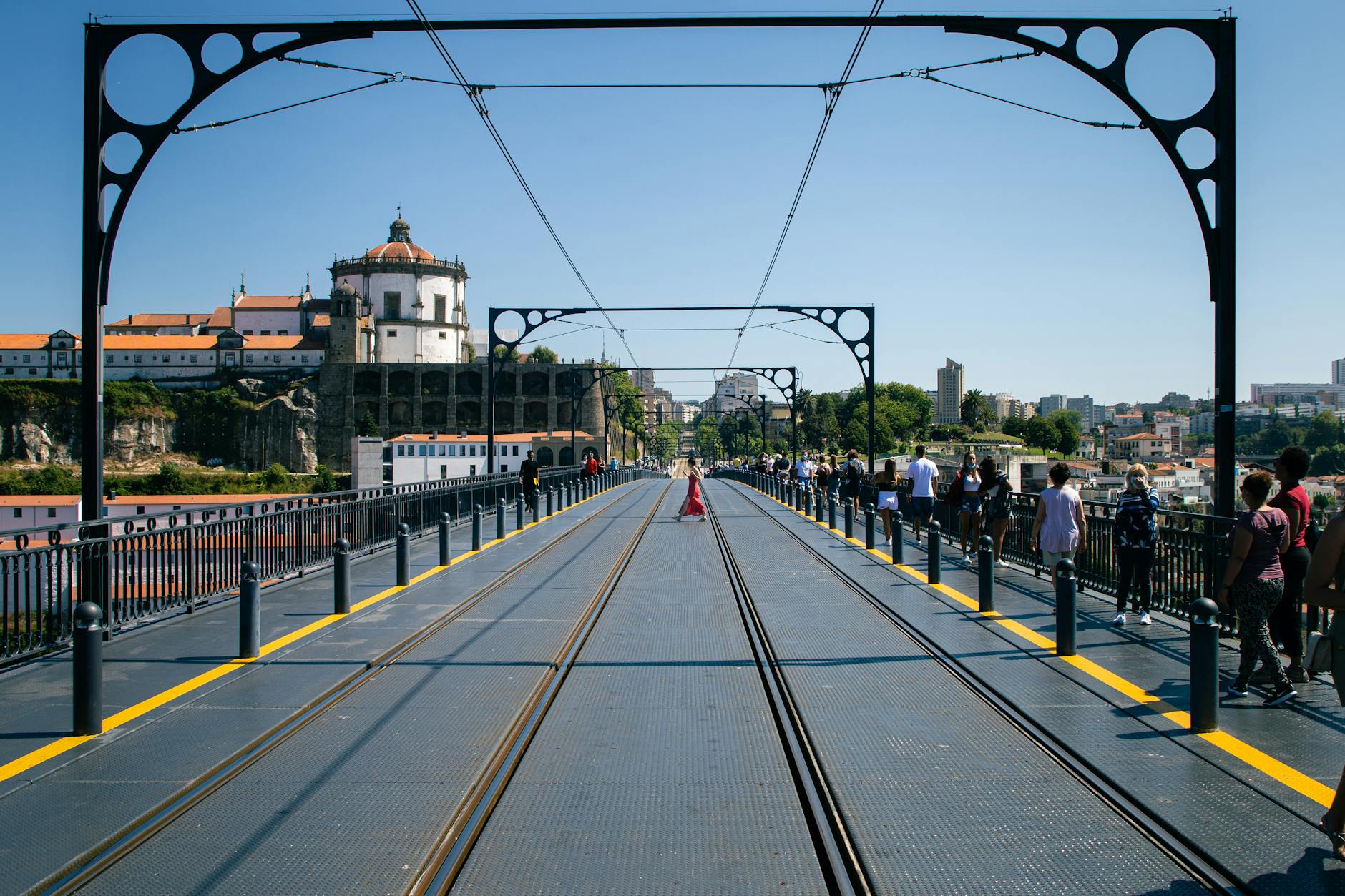 Luis I Bridge and Serra do Pilar with people walking in Porto