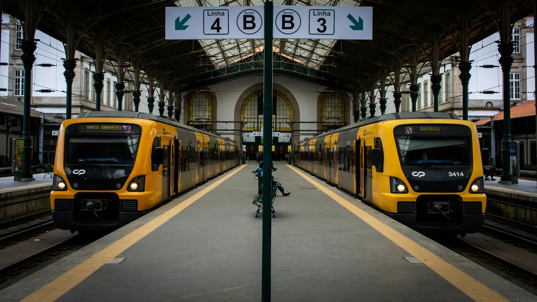Two trains at Sao Bento Station in Porto