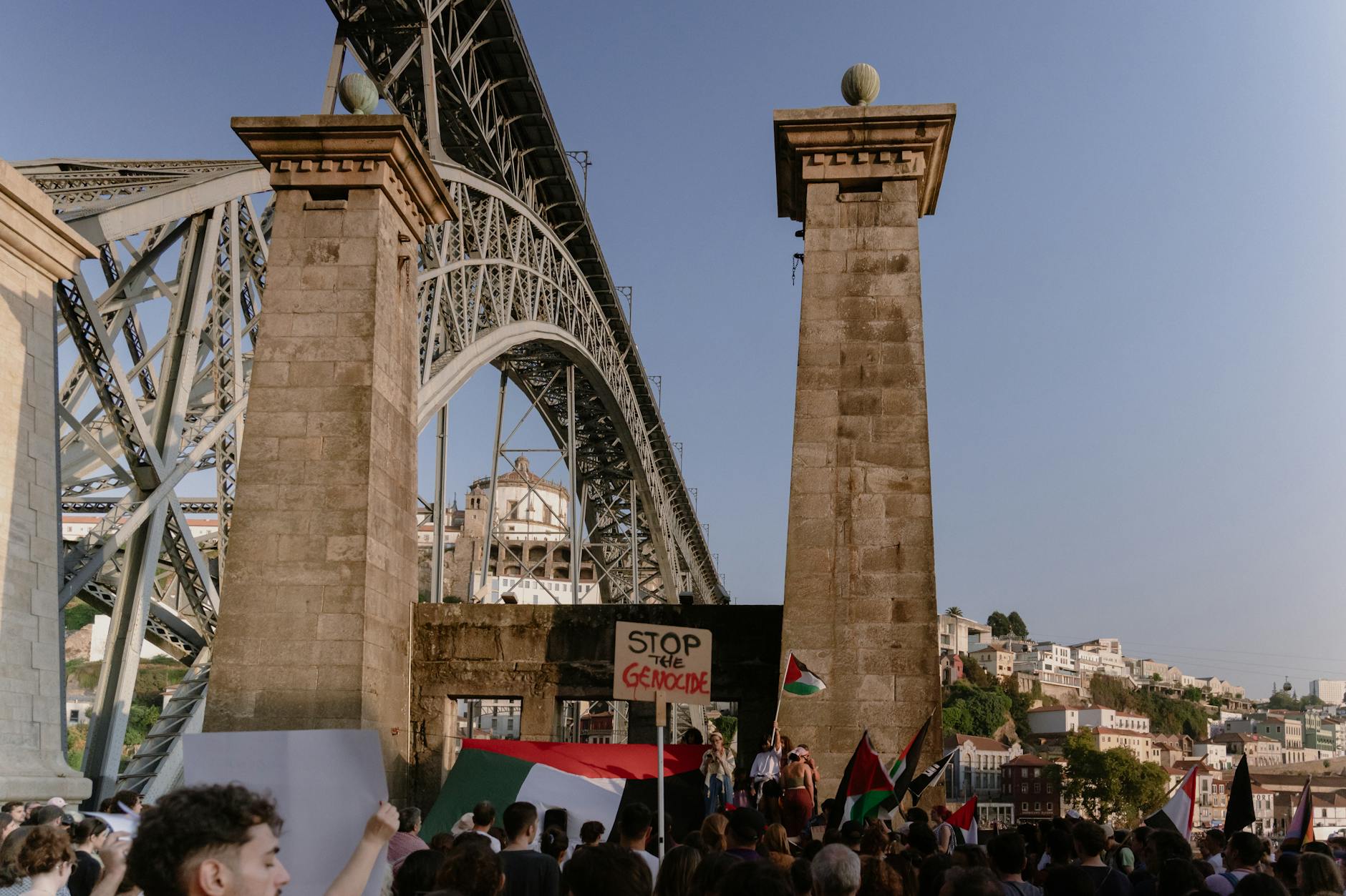 Peaceful protest near Dom Luis I Bridge in Porto