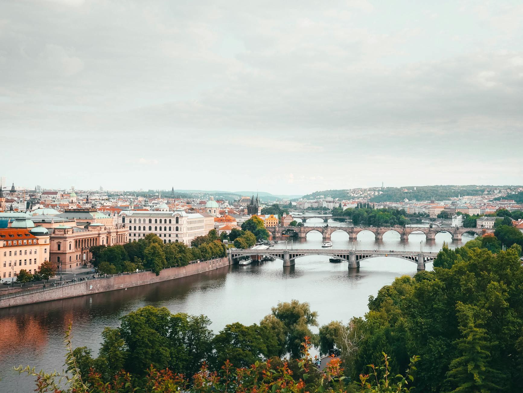 Aerial view of Prague bridges and historic architecture
