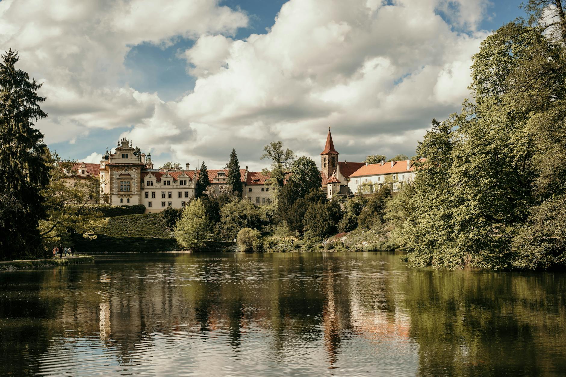Pruhonice Park with a palace and pond near Prague