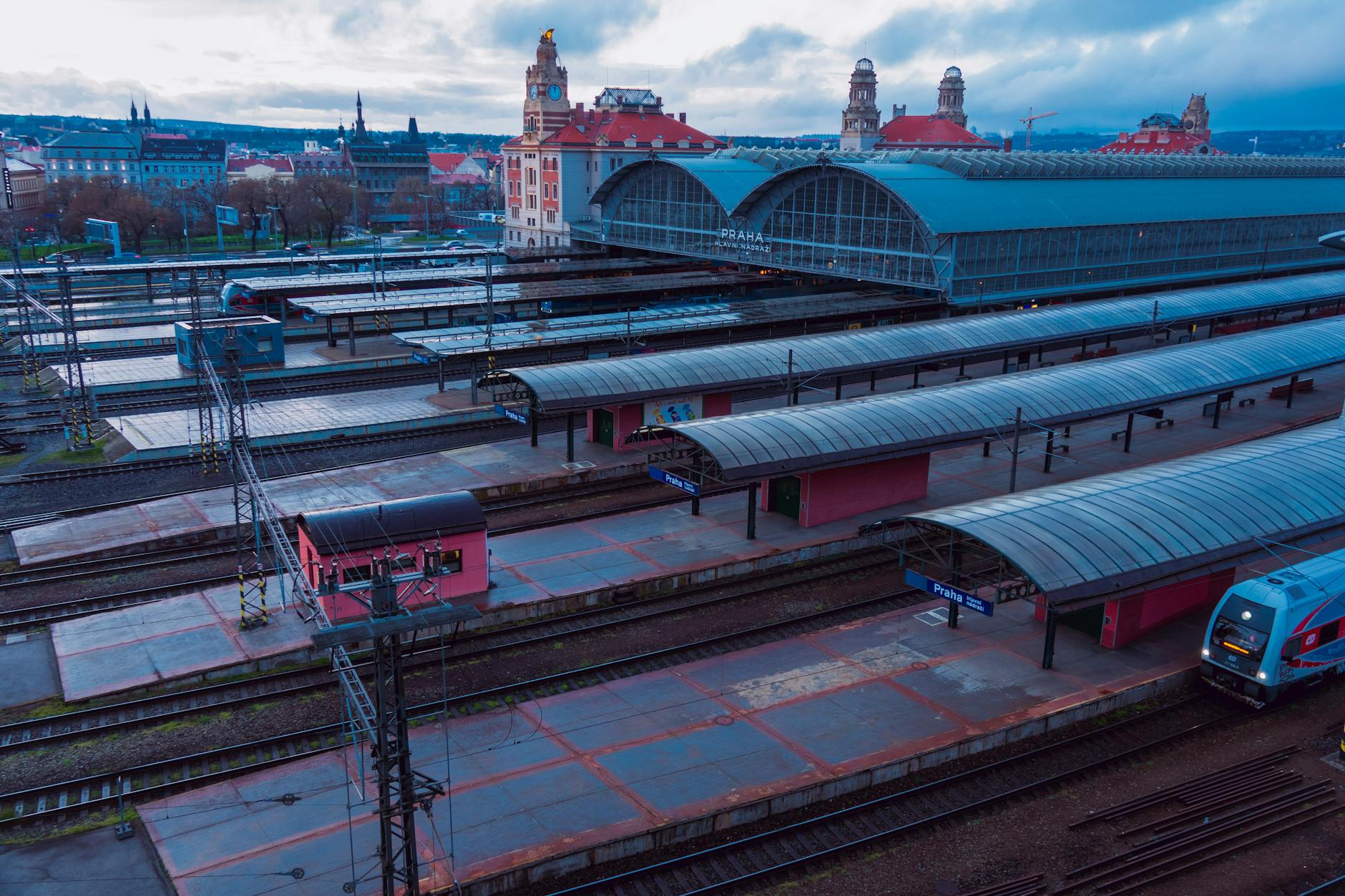 Aerial view of Prague main railway station and platforms