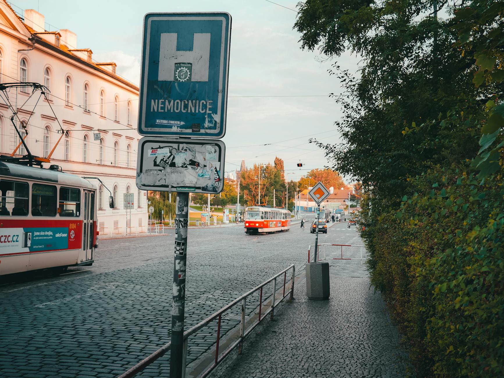 Historic tram line on a cobblestone street in Prague