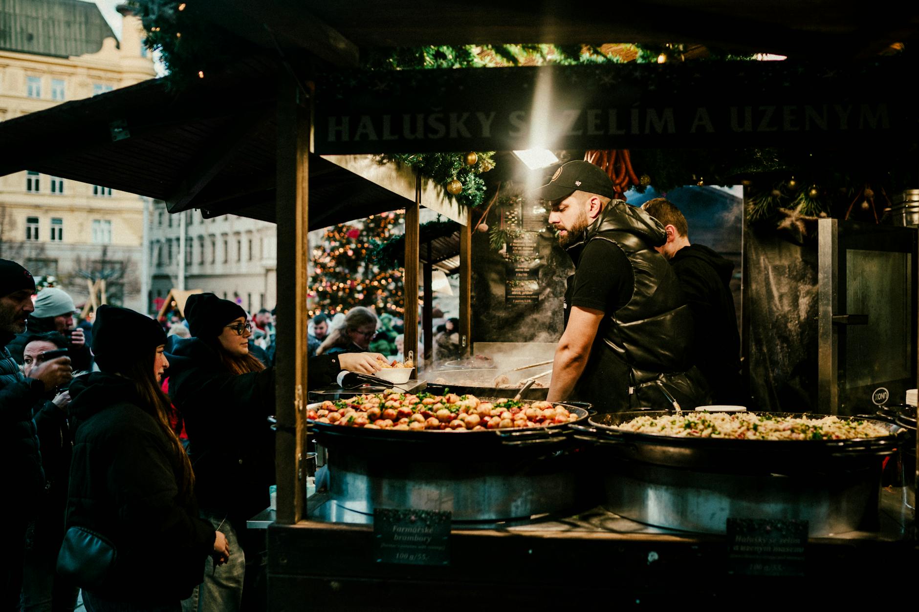 Food stall at a crowded Christmas market
