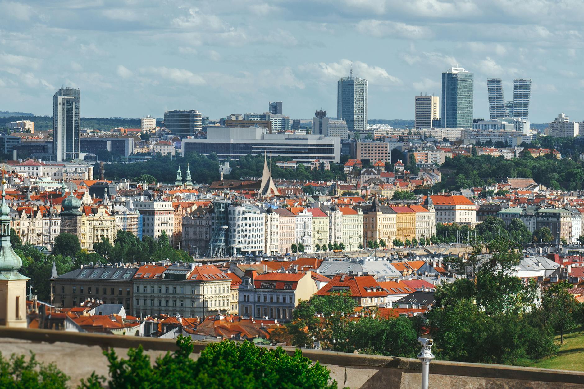 Prague cityscape with historic and modern buildings