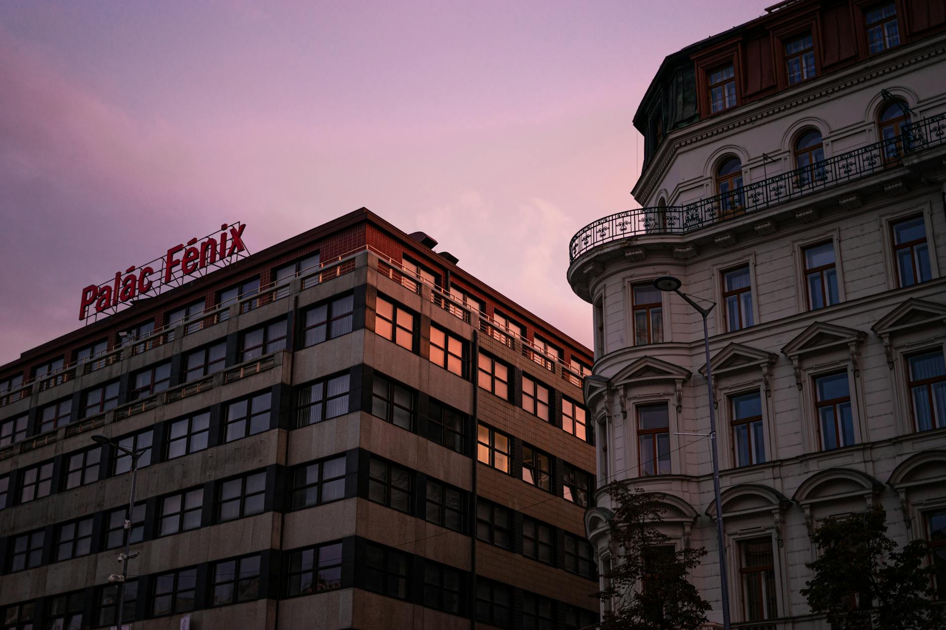 Palac Fenix buildings in Prague at twilight