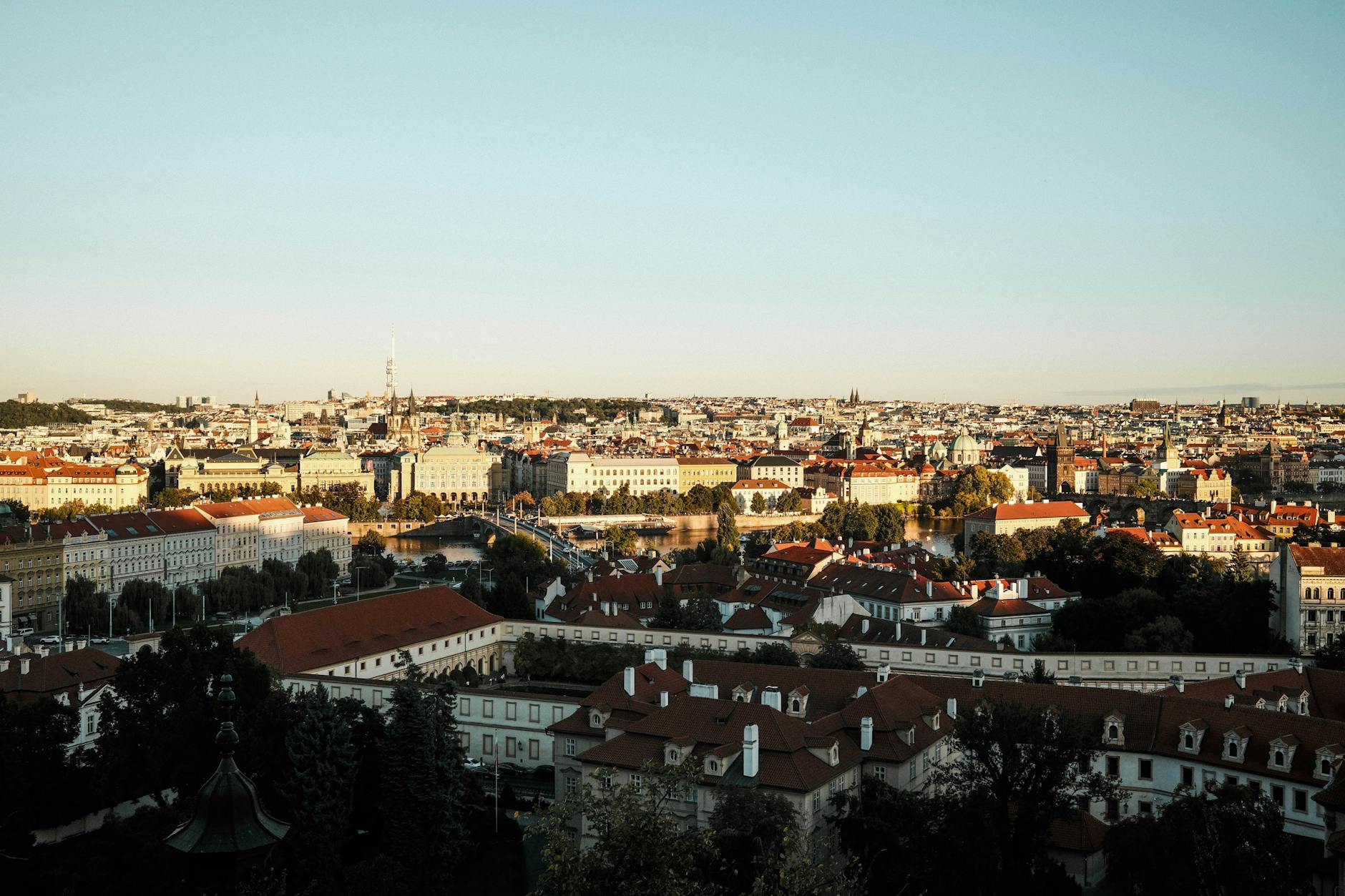 Panoramic view of Prague historic architecture under clear sky