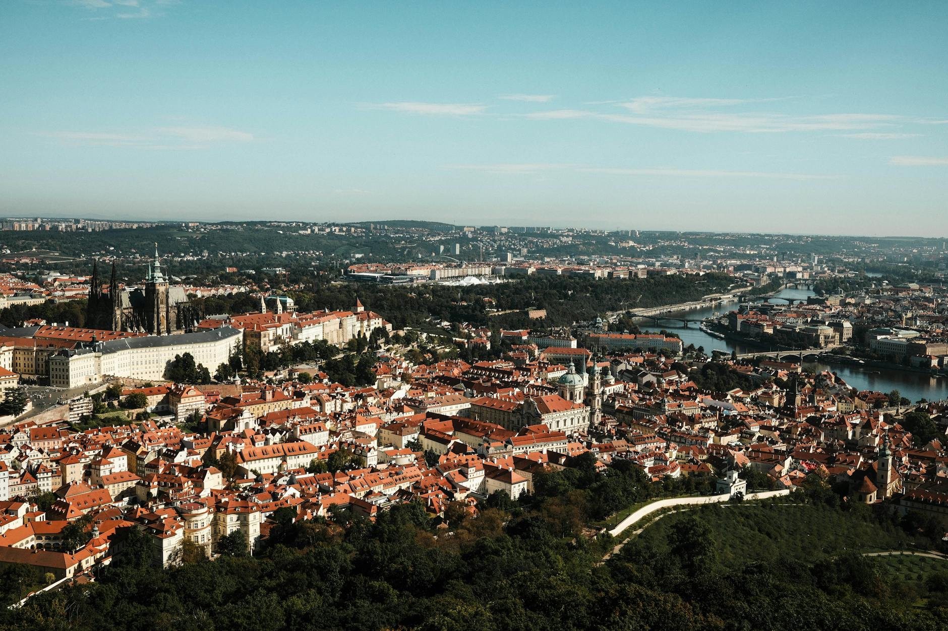 Aerial view of Prague historic architecture and river