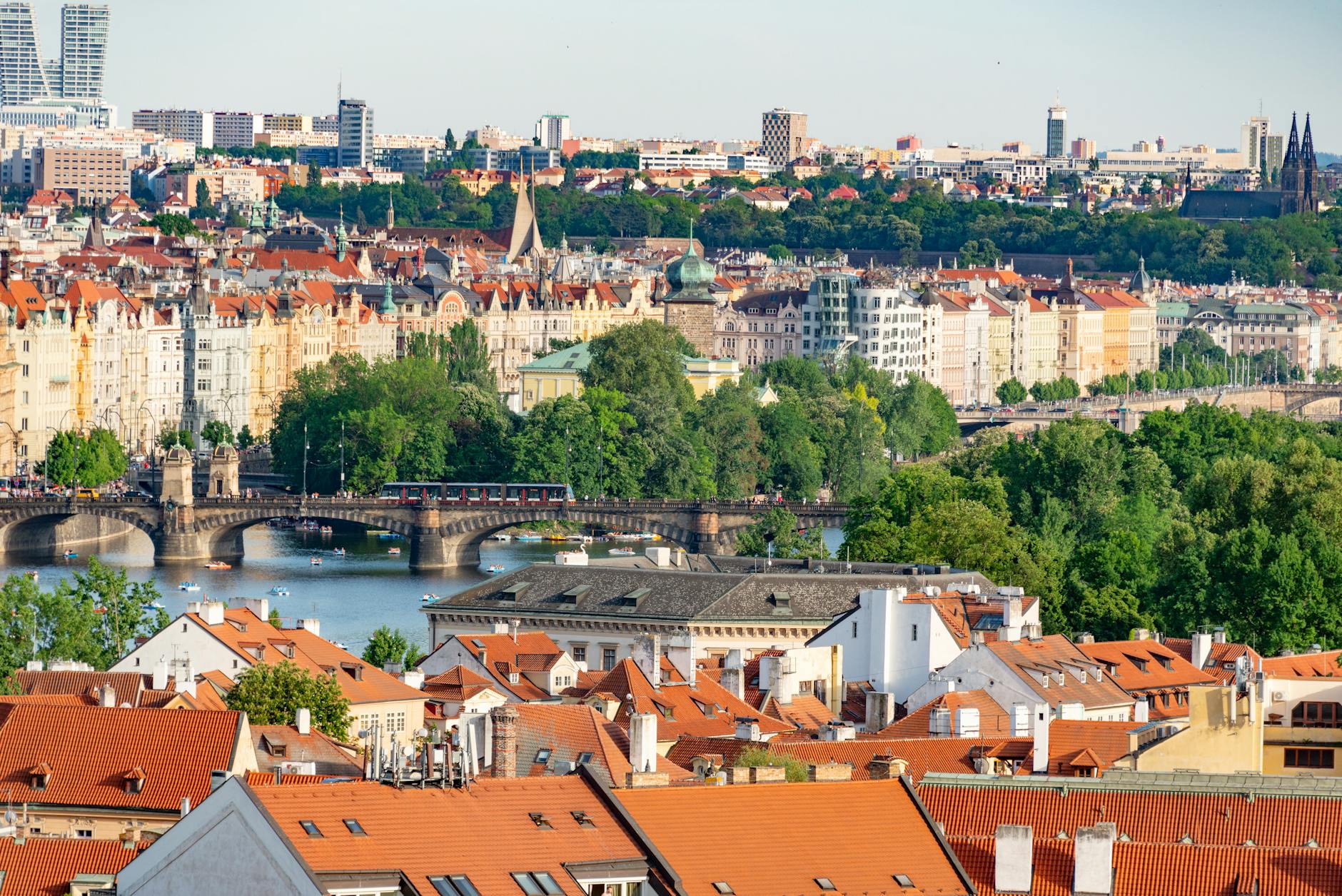 Aerial cityscape of Prague bridges and historic architecture