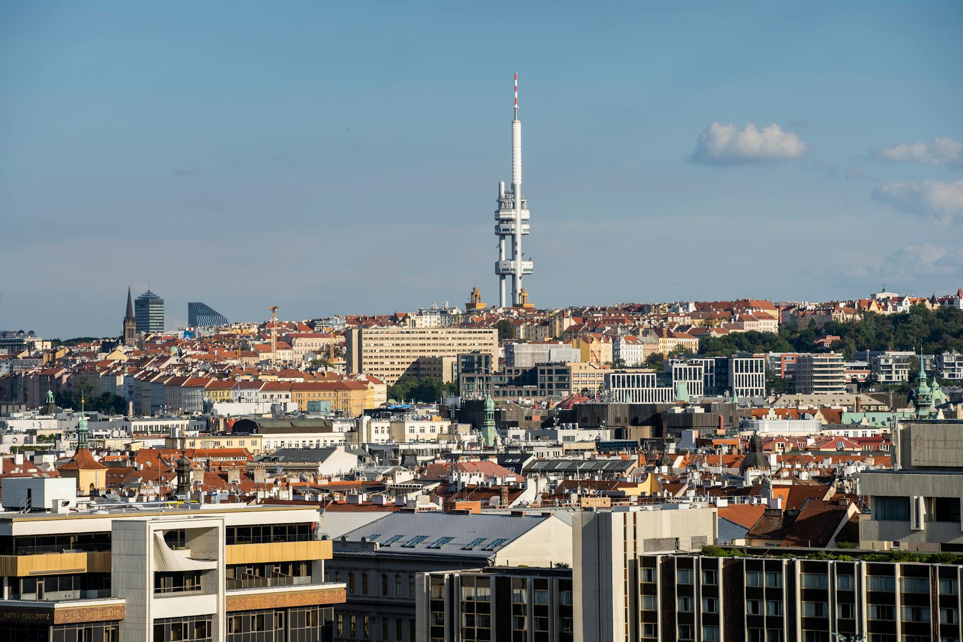 Prague cityscape with the Zizkov Television Tower under a clear sky