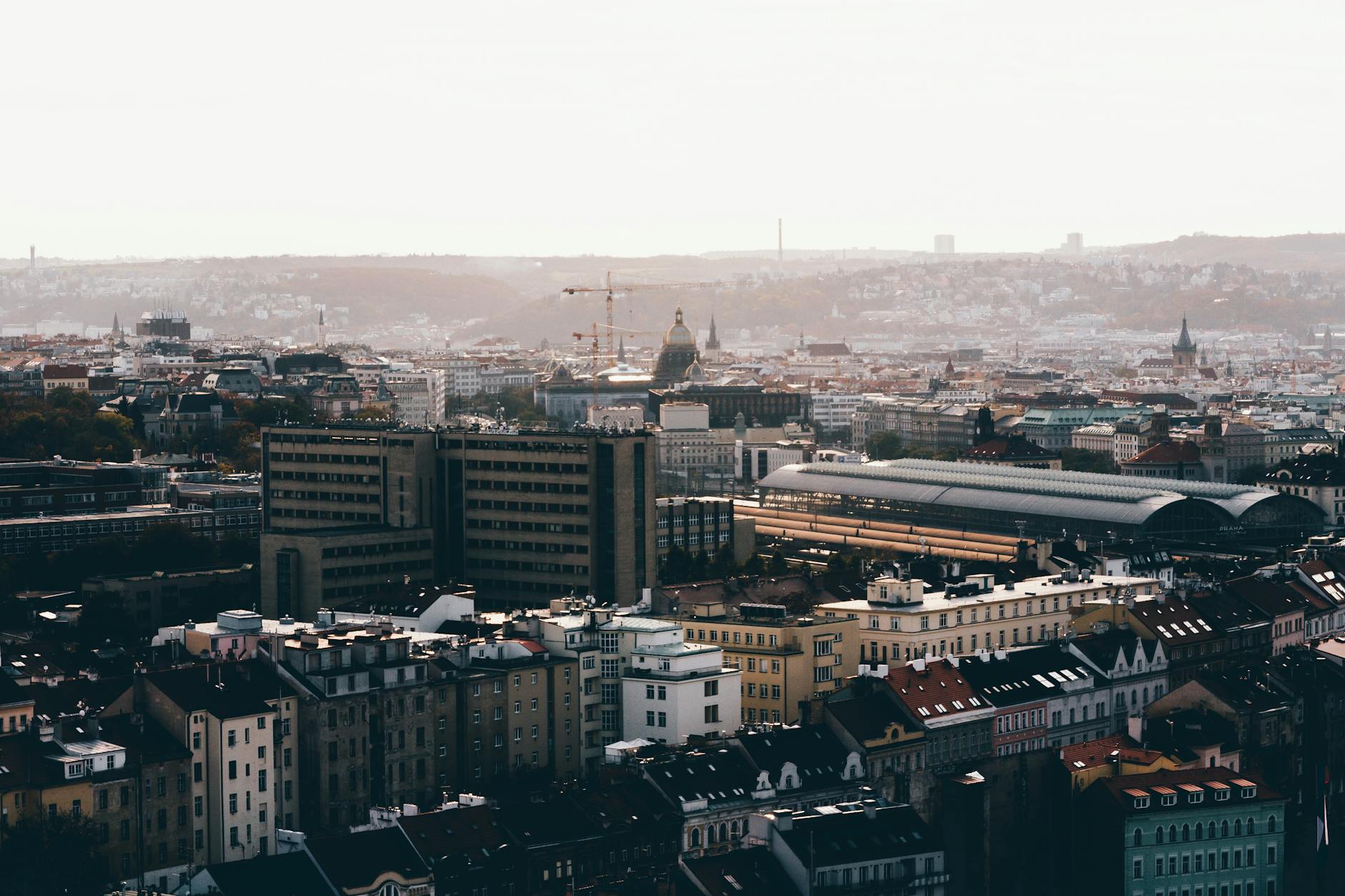 Prague cityscape blending historic and modern architecture