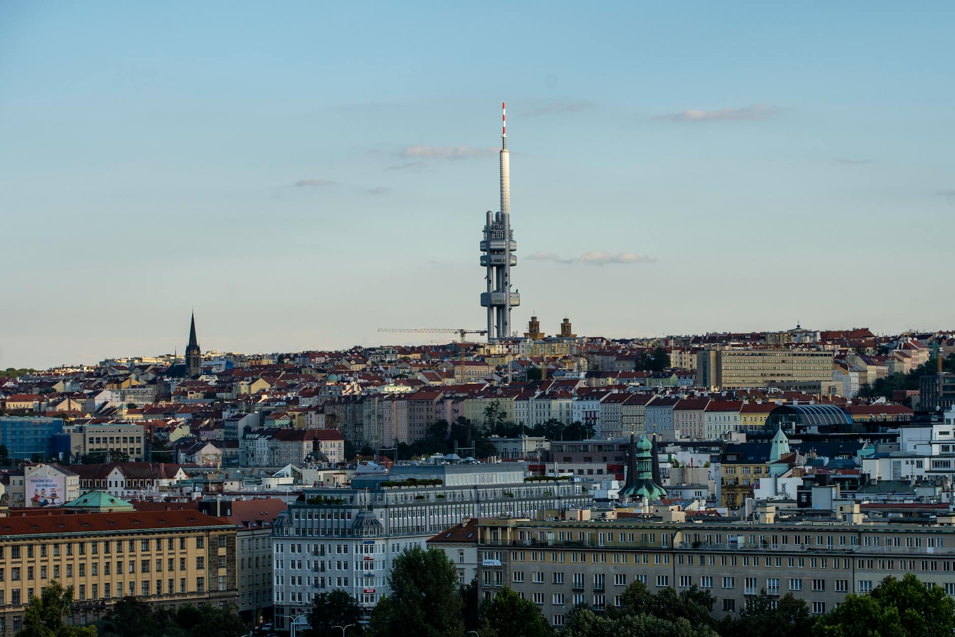 Aerial view of Prague cityscape with the Zizkov Television Tower