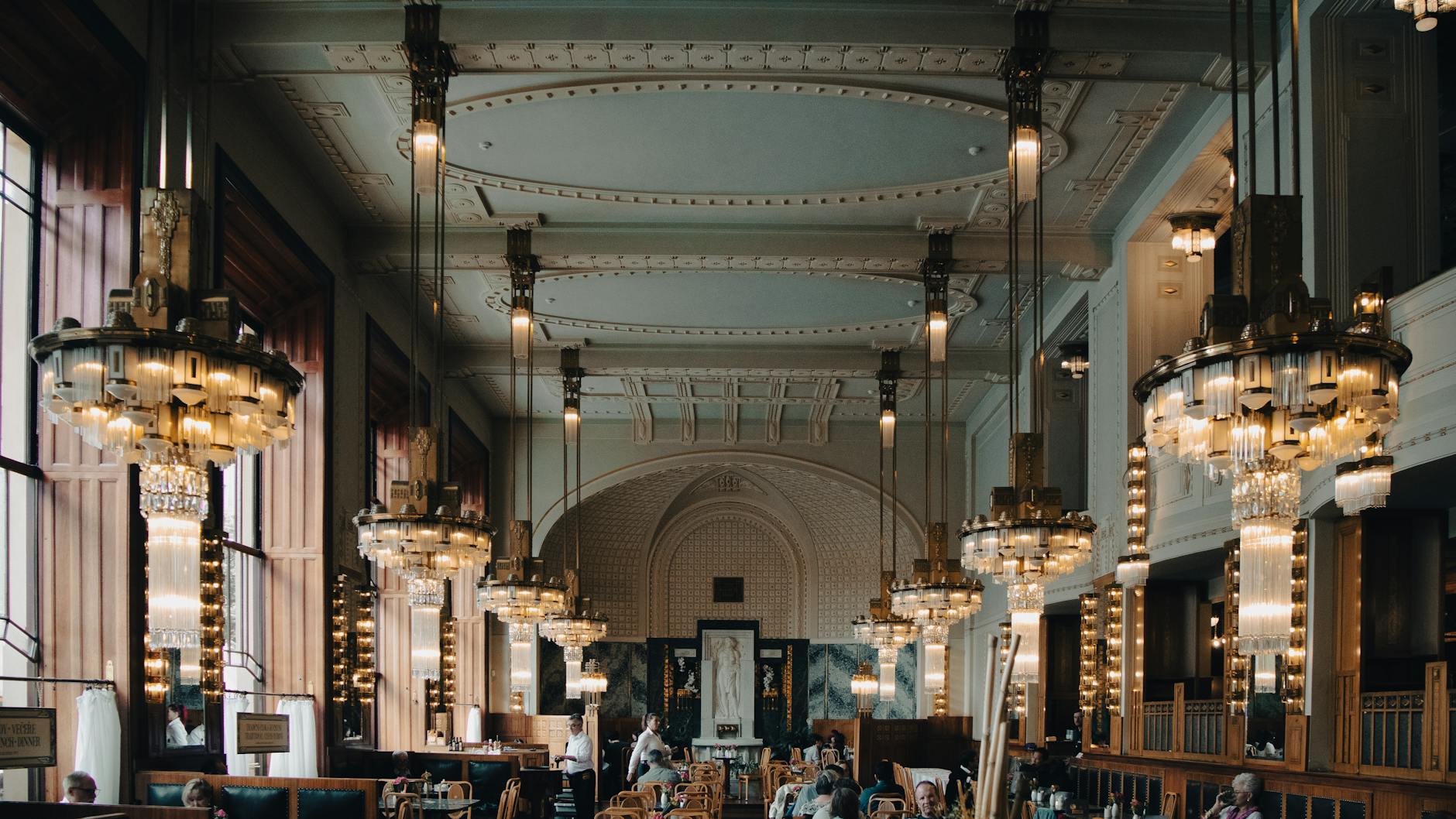 Art Deco chandeliers inside a Prague cafe