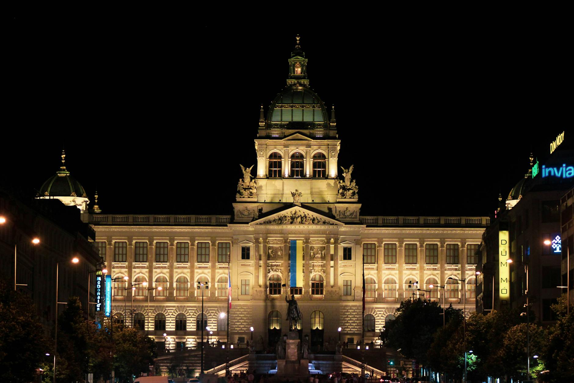 Illuminated National Museum in Prague at night
