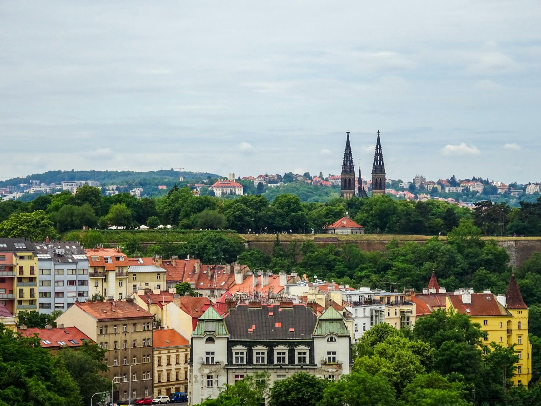 Aerial view of Vysehrad Castle and surrounding Prague greenery