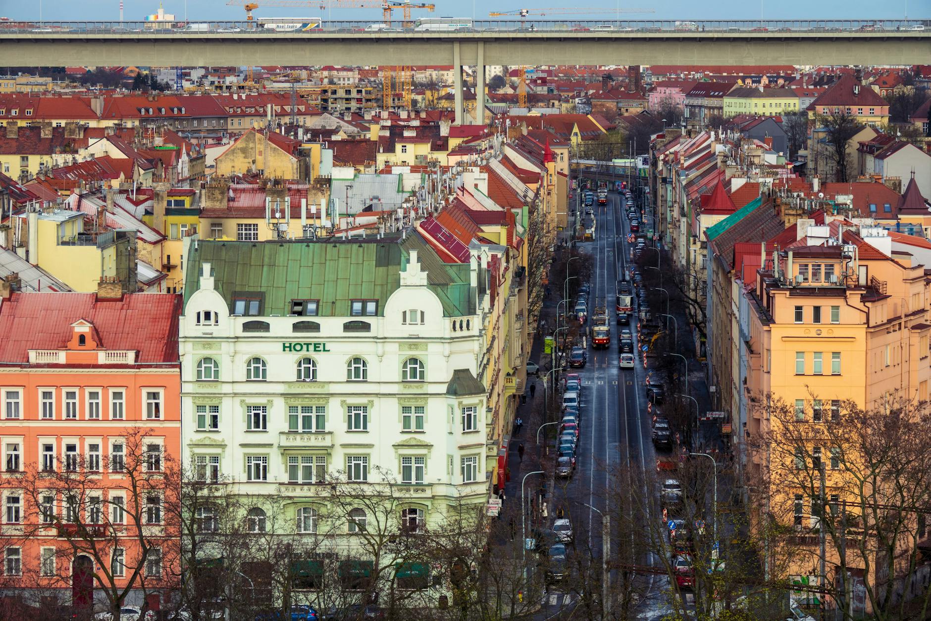 Aerial view of colorful Prague buildings and streets