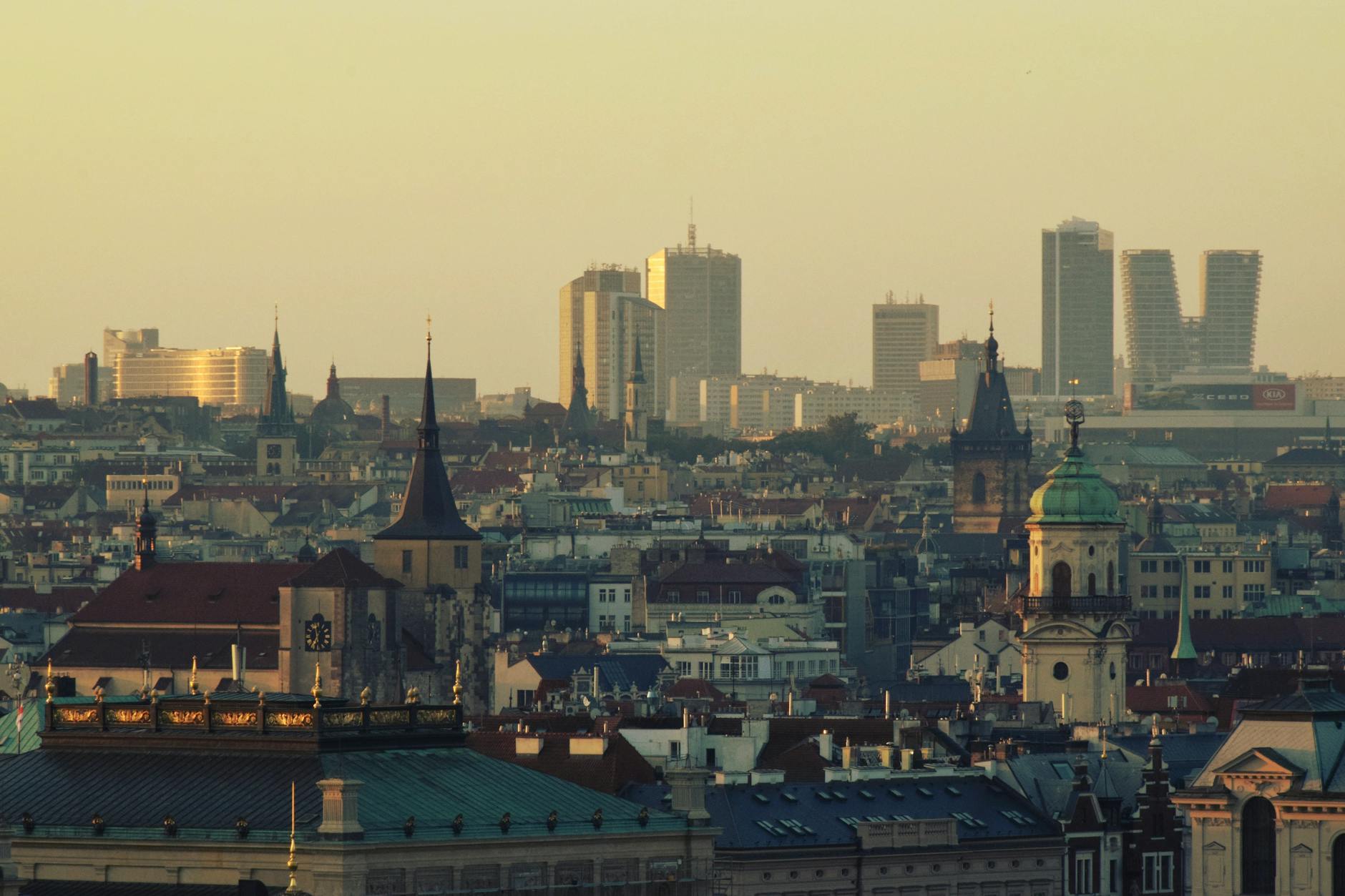 Prague skyline at sunset with historic and modern architecture