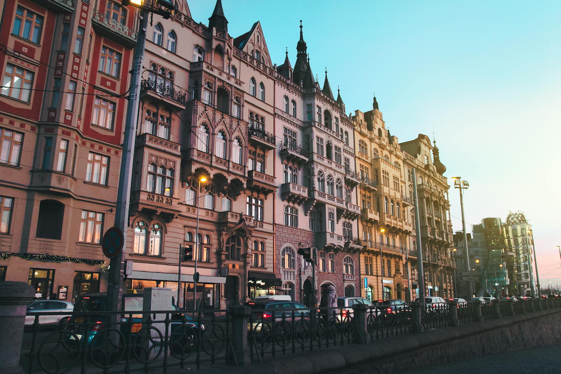 Historic Prague street glowing at sunset