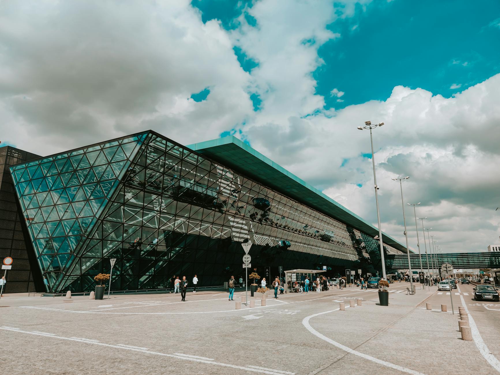 Modern airport terminal with glass facade