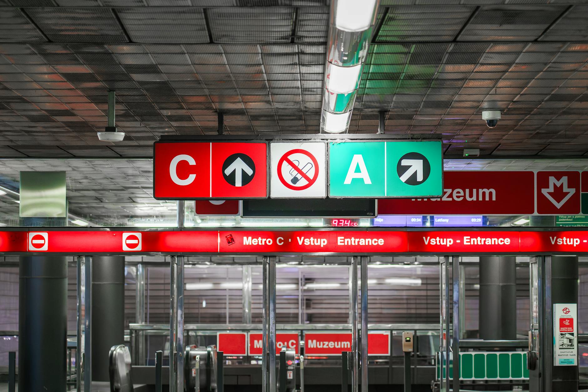Entrance to Prague Metro with directional signs