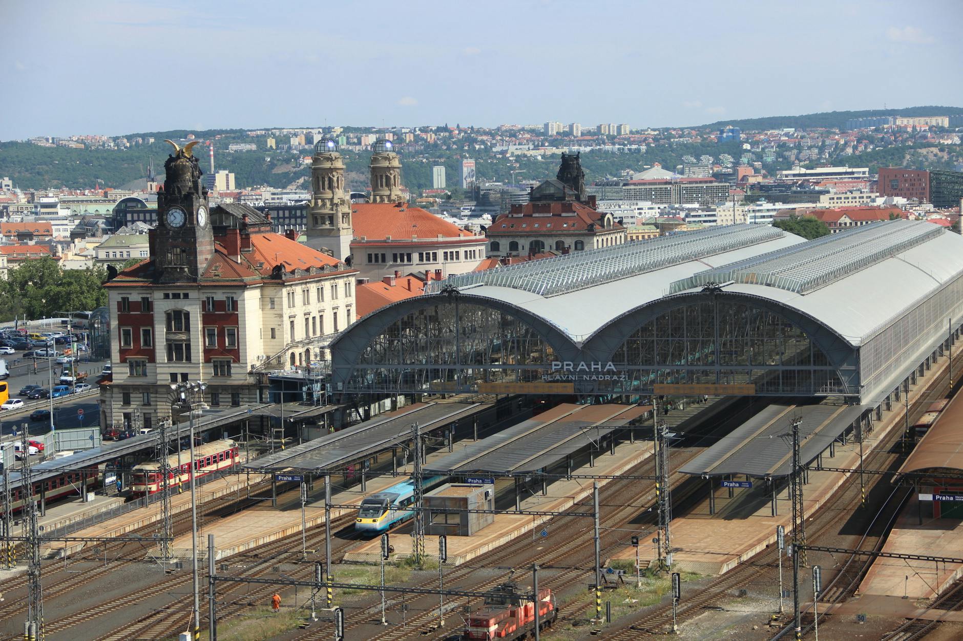 High-angle view of Prague main railway station