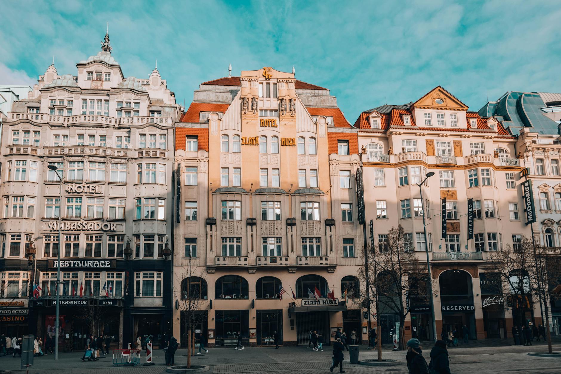 Historic hotel buildings on Wenceslas Square in Prague