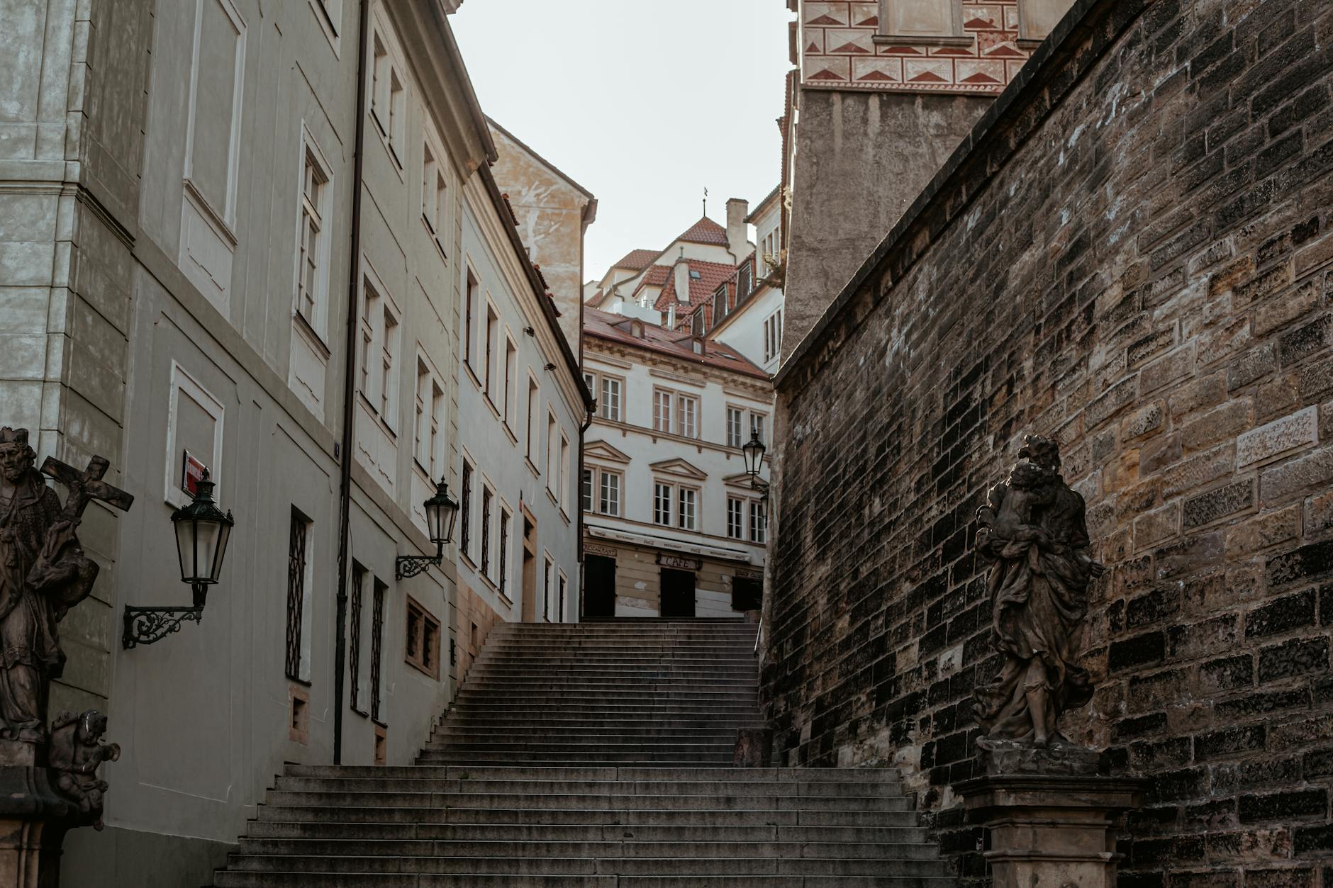 Historic stairway in Prague with classic architecture