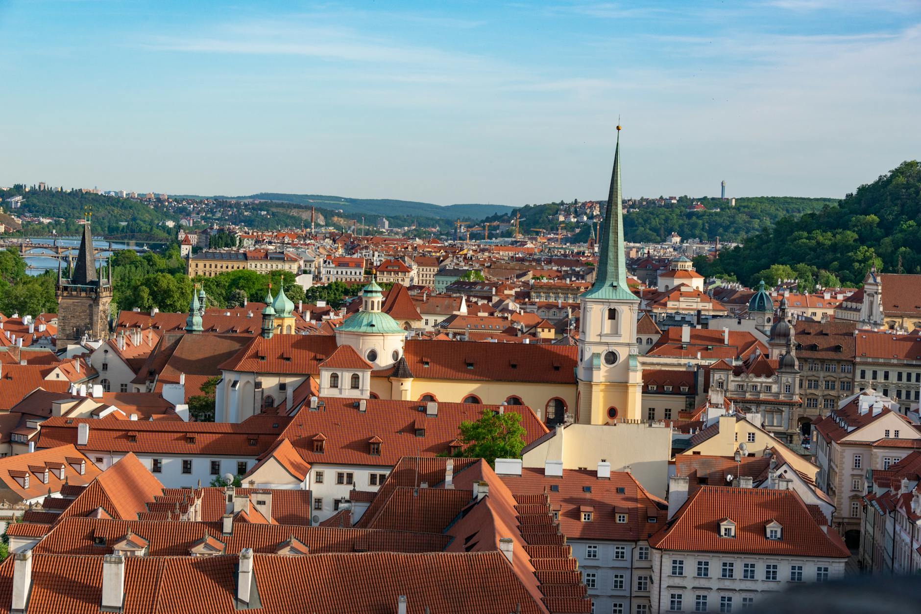 Aerial view of Prague red rooftops and historic landmarks