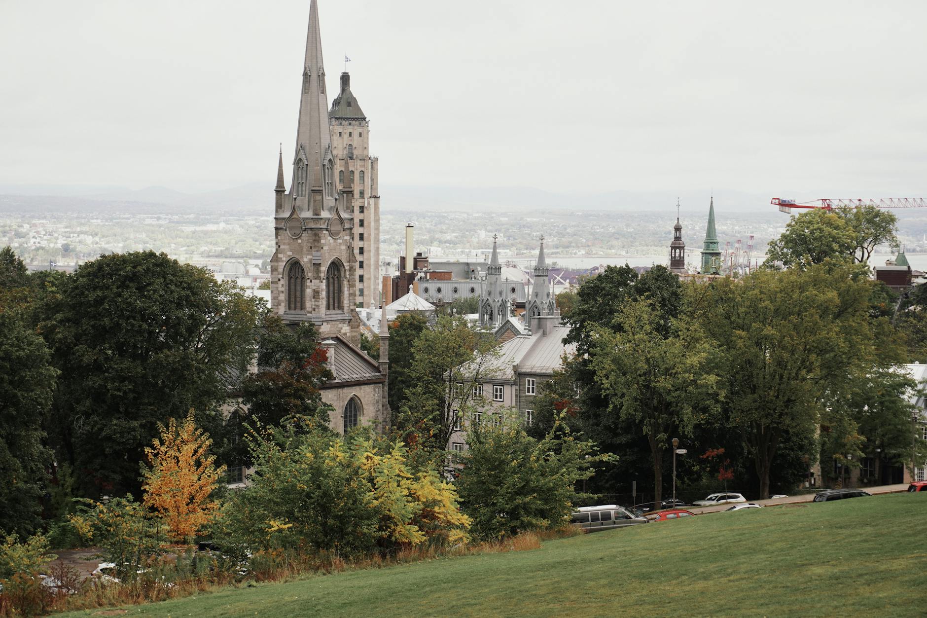 Historic Quebec City church and autumn foliage