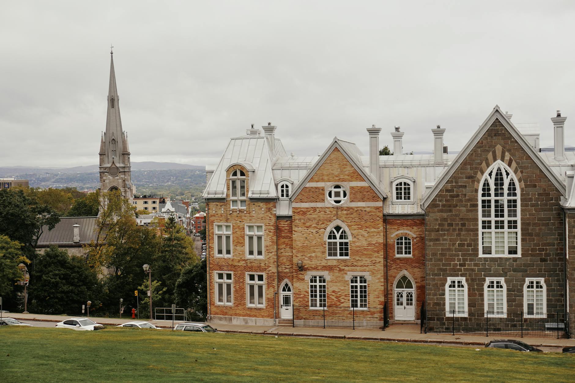 Historic Quebec City architecture with a Gothic Revival church